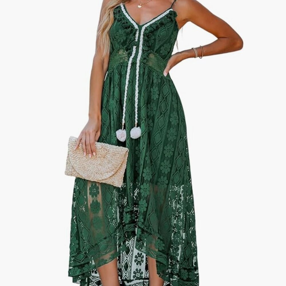 Dark Green CUPSHE Lace, Flowy Maxi Dress - Large